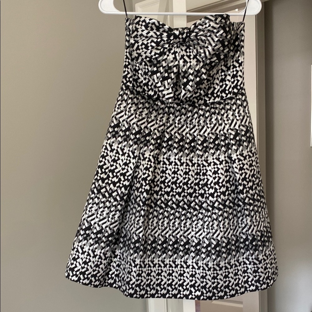 Chic Black and White Patterned strapless dress from Anthropologie